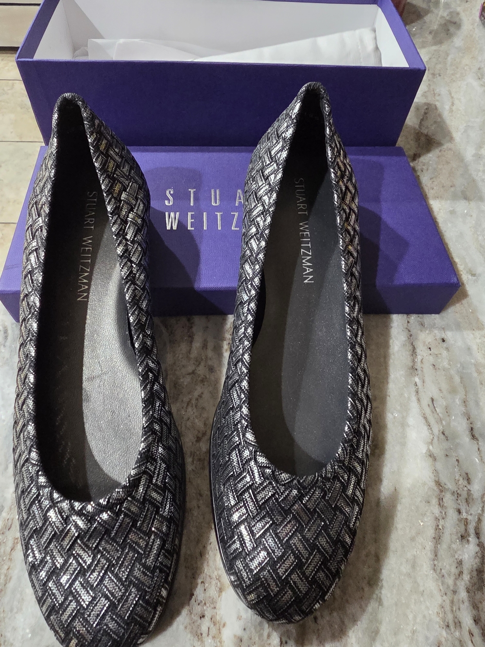 Stuart Weitzman Metallic Gunmetal Woven Ballet Flats